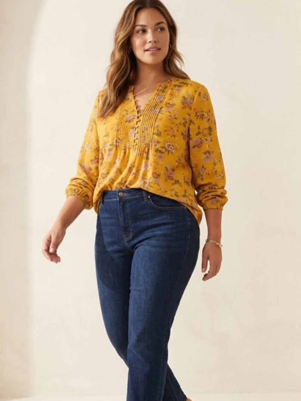 Floral Pintuck Peasant Blouse - Mustard Size L
